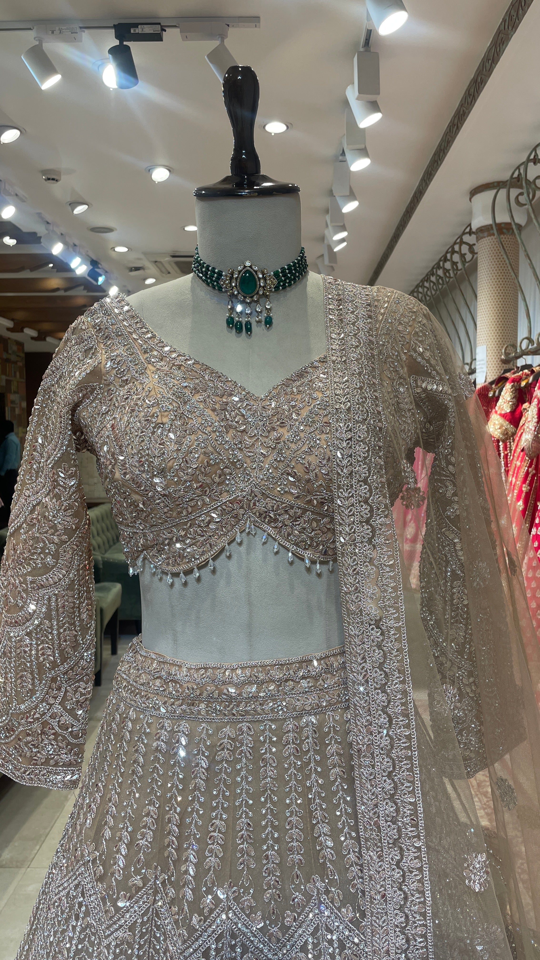 Peach net lehenga with mirrorwork & sequins - Image 5
