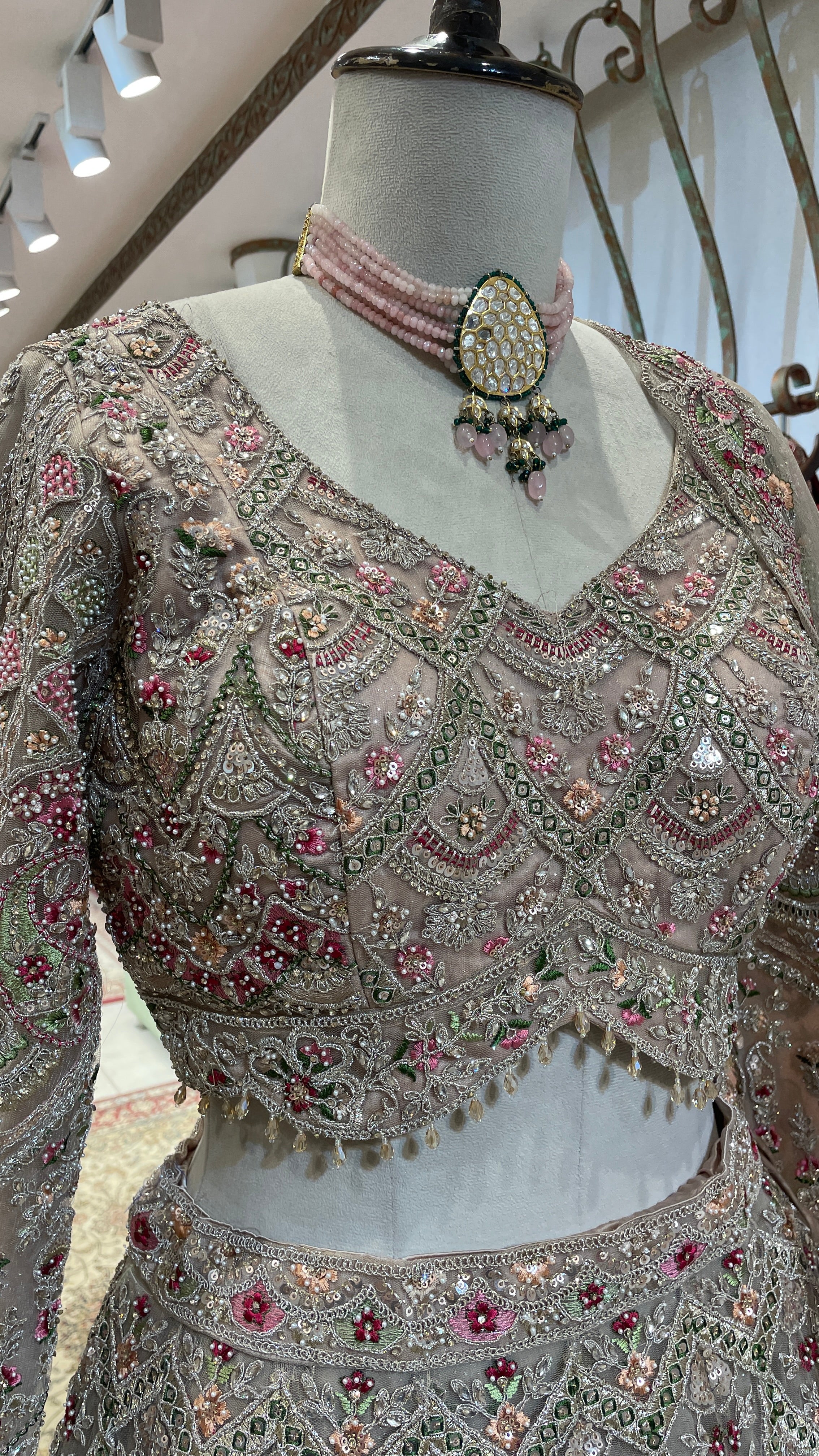 Peach net lehenga with multicolour threadwork and embellishments - Image 3