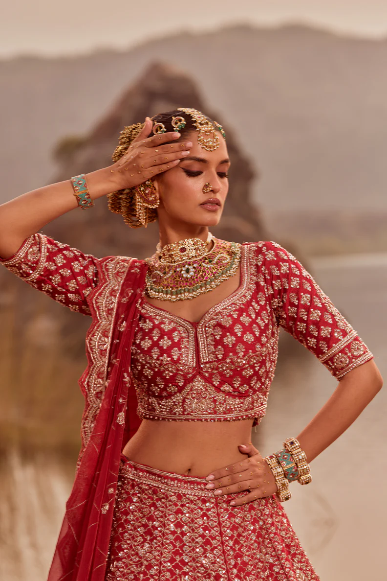 Red sequin embellished bridal lehenga - Image 3