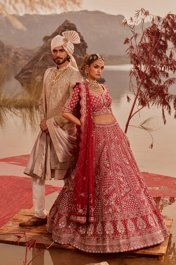 Red sequin embellished bridal lehenga - Image 4