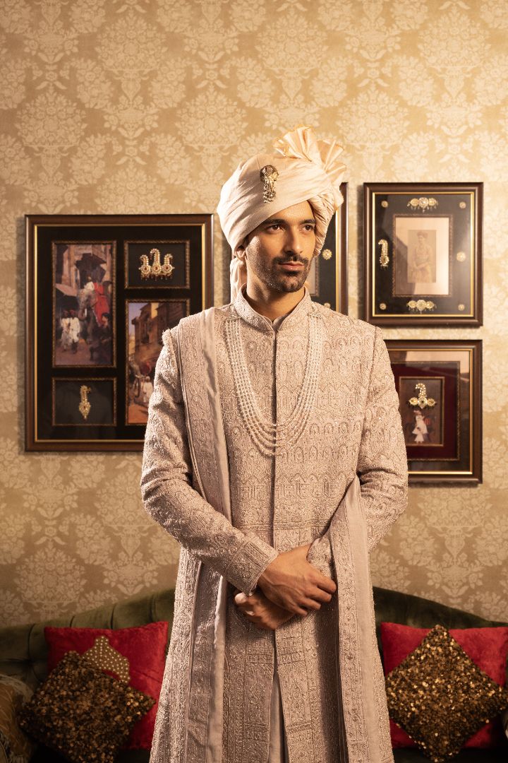 Peach Sherwani For Groom - Designer Wedding Sherwani - Image 3