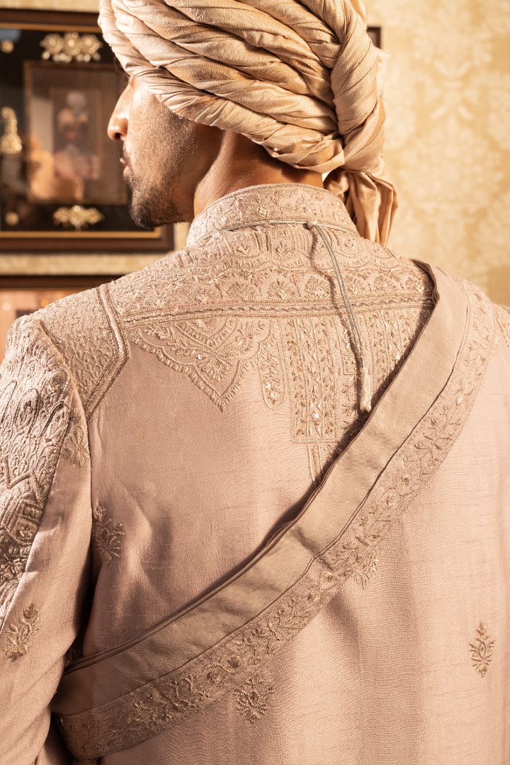 Peach Sherwani For Groom - Designer Wedding Sherwani - Image 4
