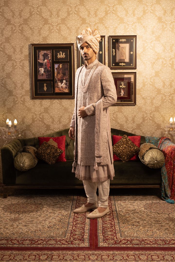 Peach Sherwani For Groom - Designer Wedding Sherwani - Image 5