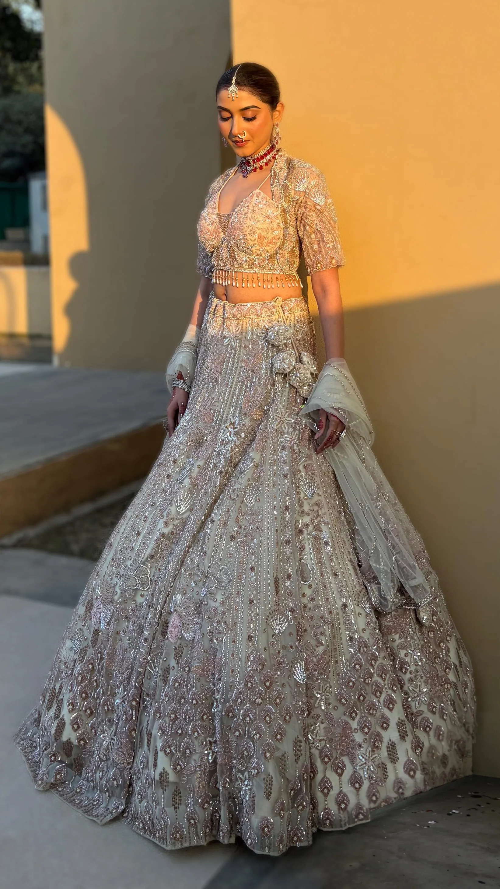 Pink & cream net lehenga with Floral embellishments - Image 2