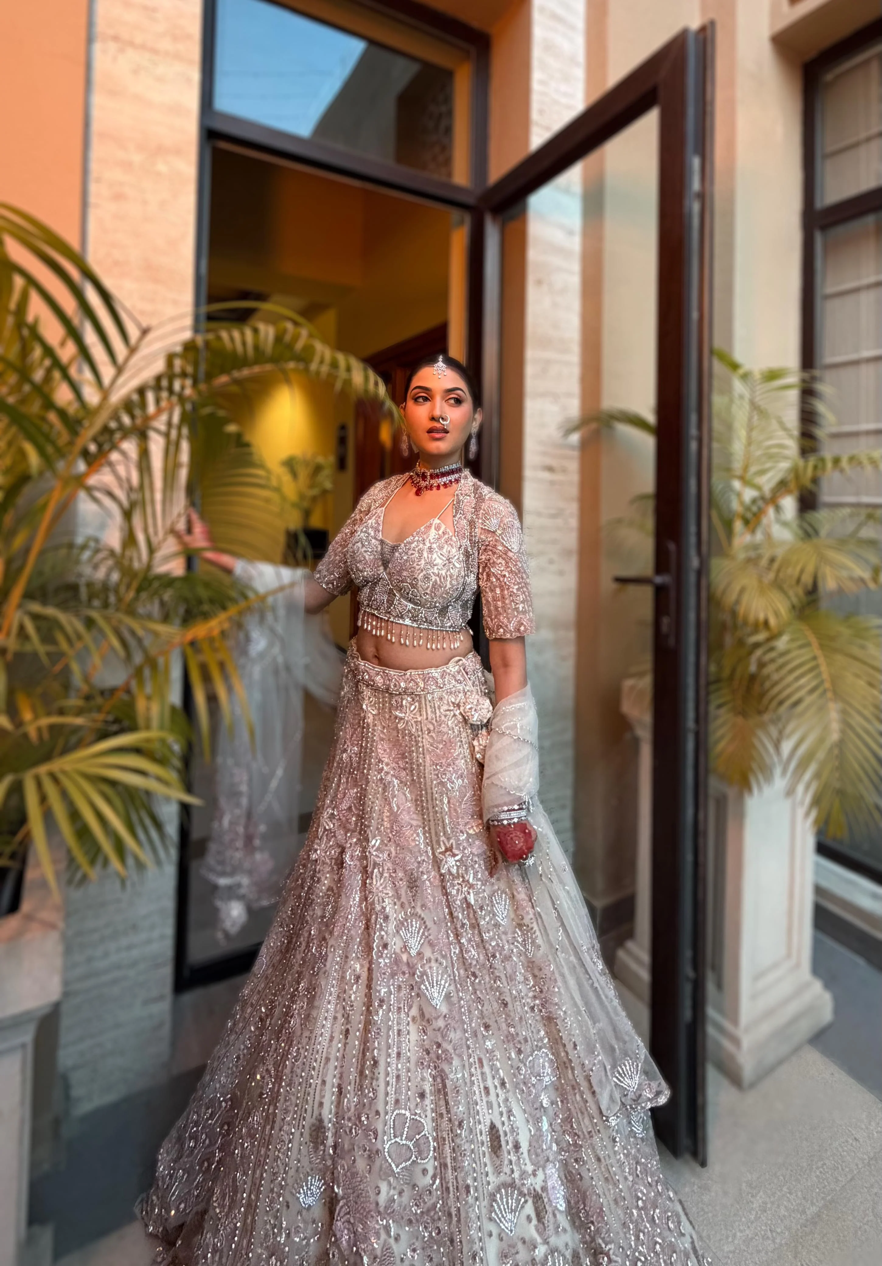 Pink & cream net lehenga with Floral embellishments - Image 3