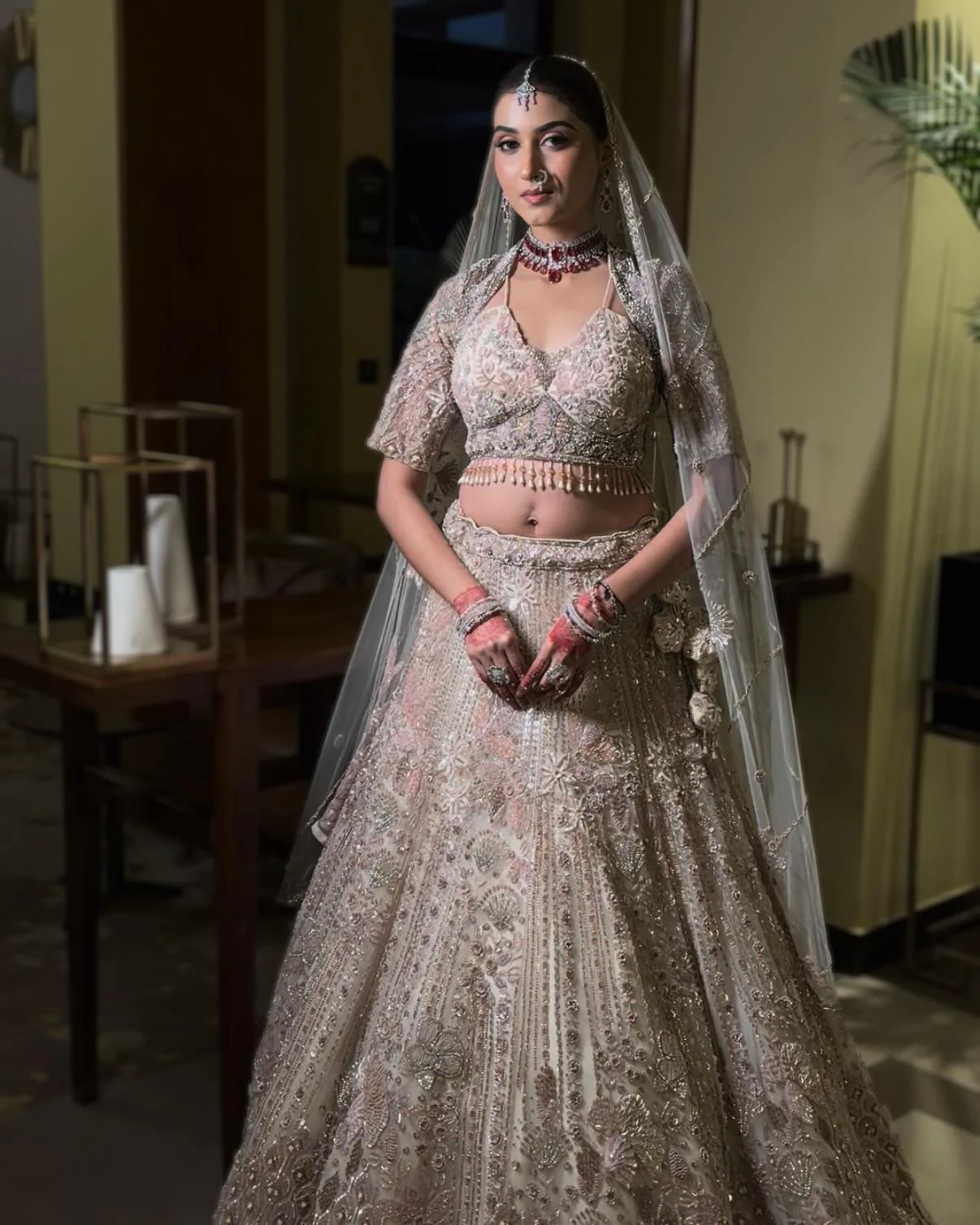 Pink & cream net lehenga with Floral embellishments - Image 4