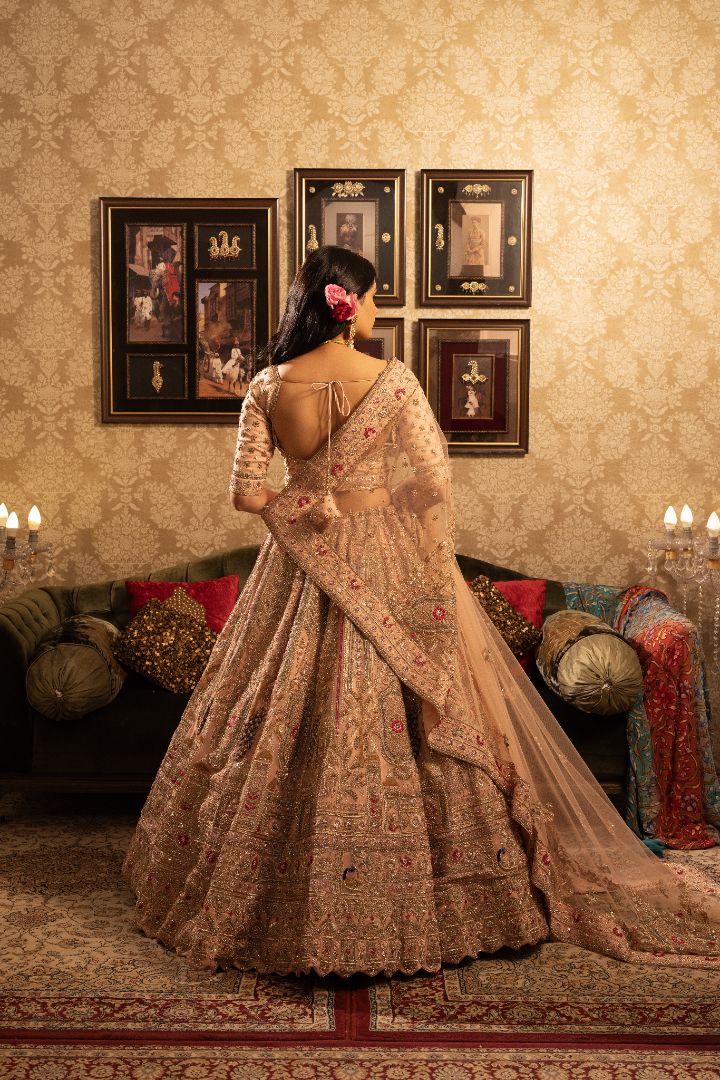Pink Heavy Handwork lehenga with peacock Design - Image 3