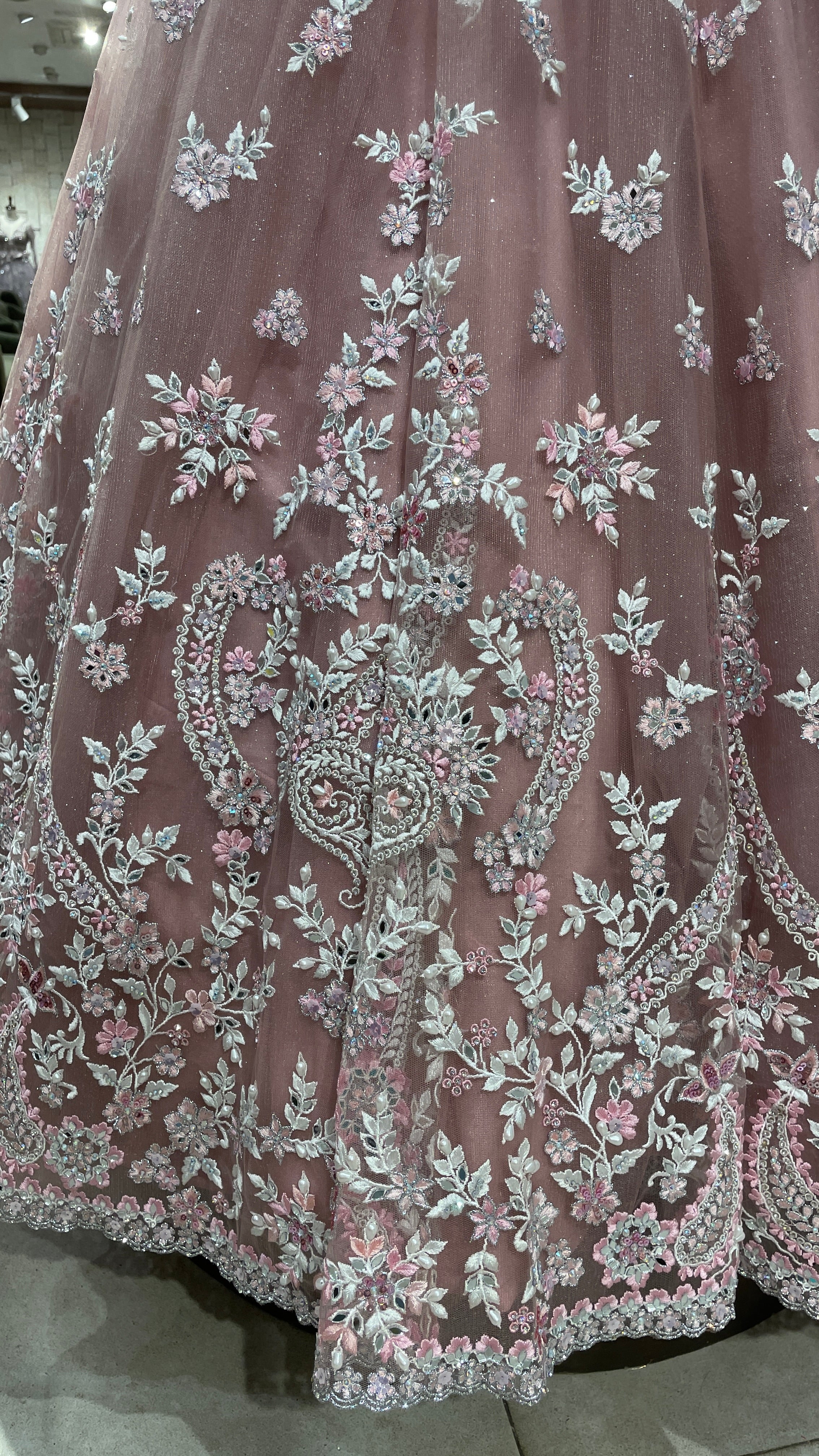 Pink net lehenga with mirrorwork and floral motifs - Image 3