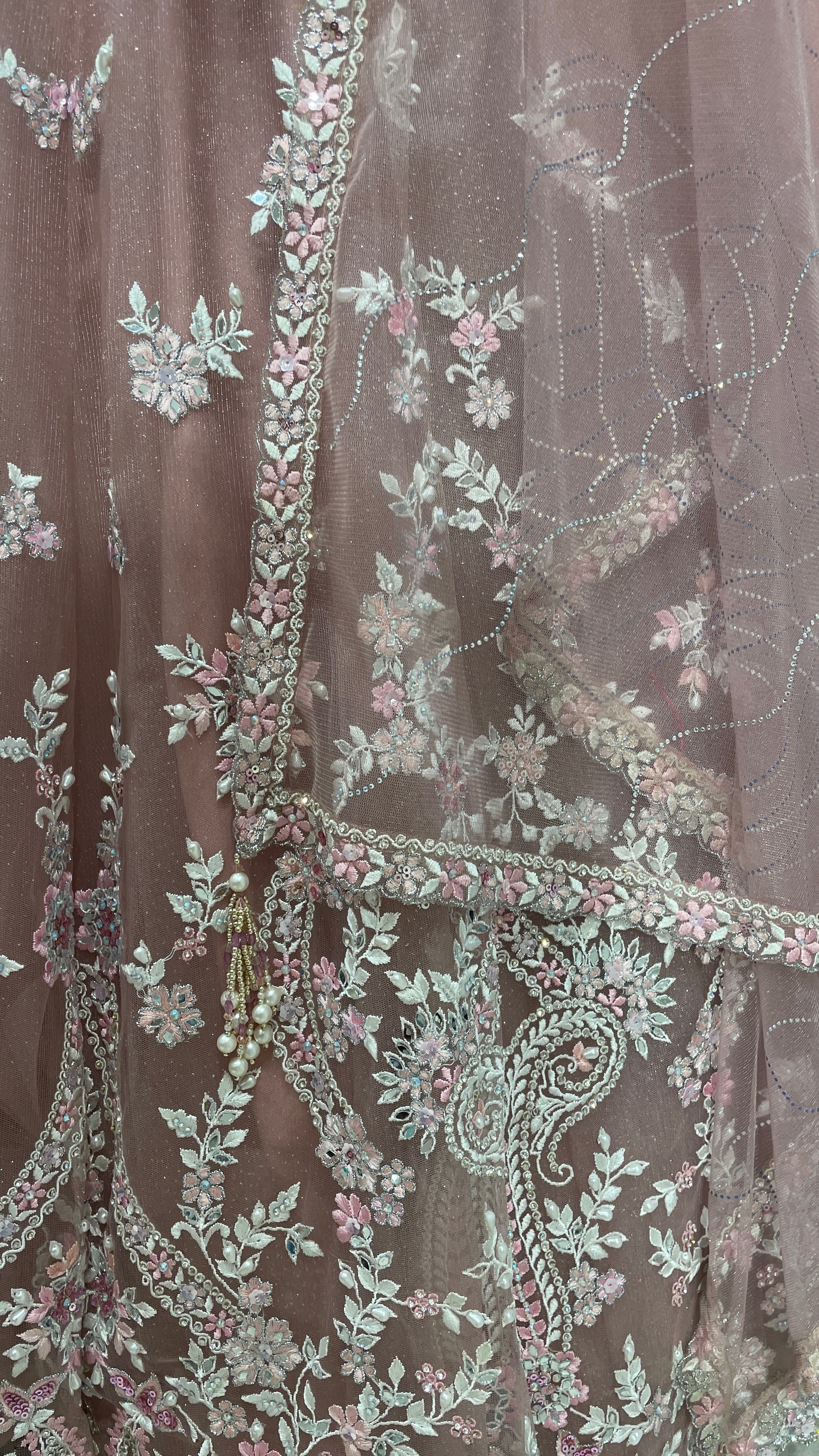Pink net lehenga with mirrorwork and floral motifs - Image 4