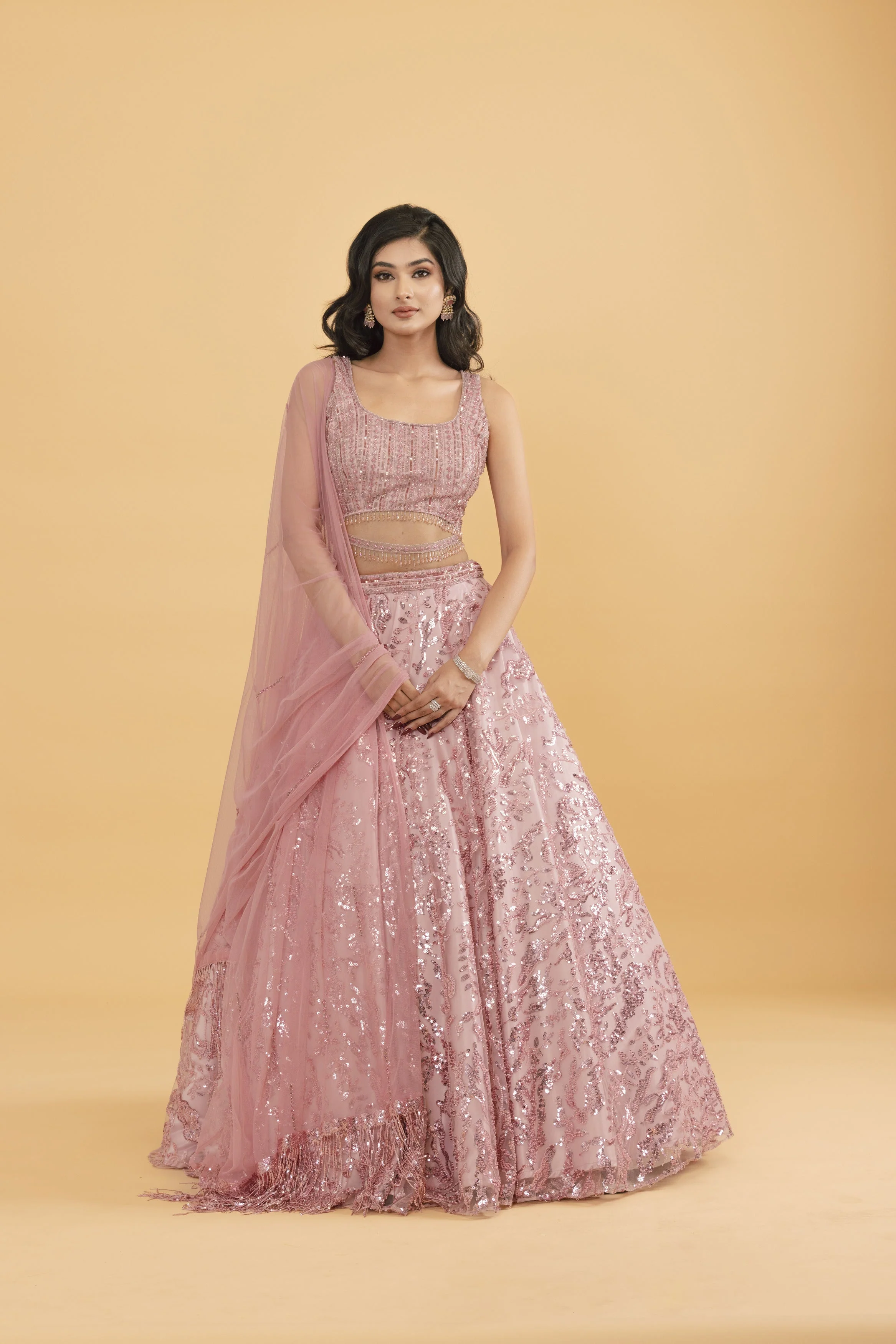 Pink net lehenga with sequins and pot embellishments - Image 3