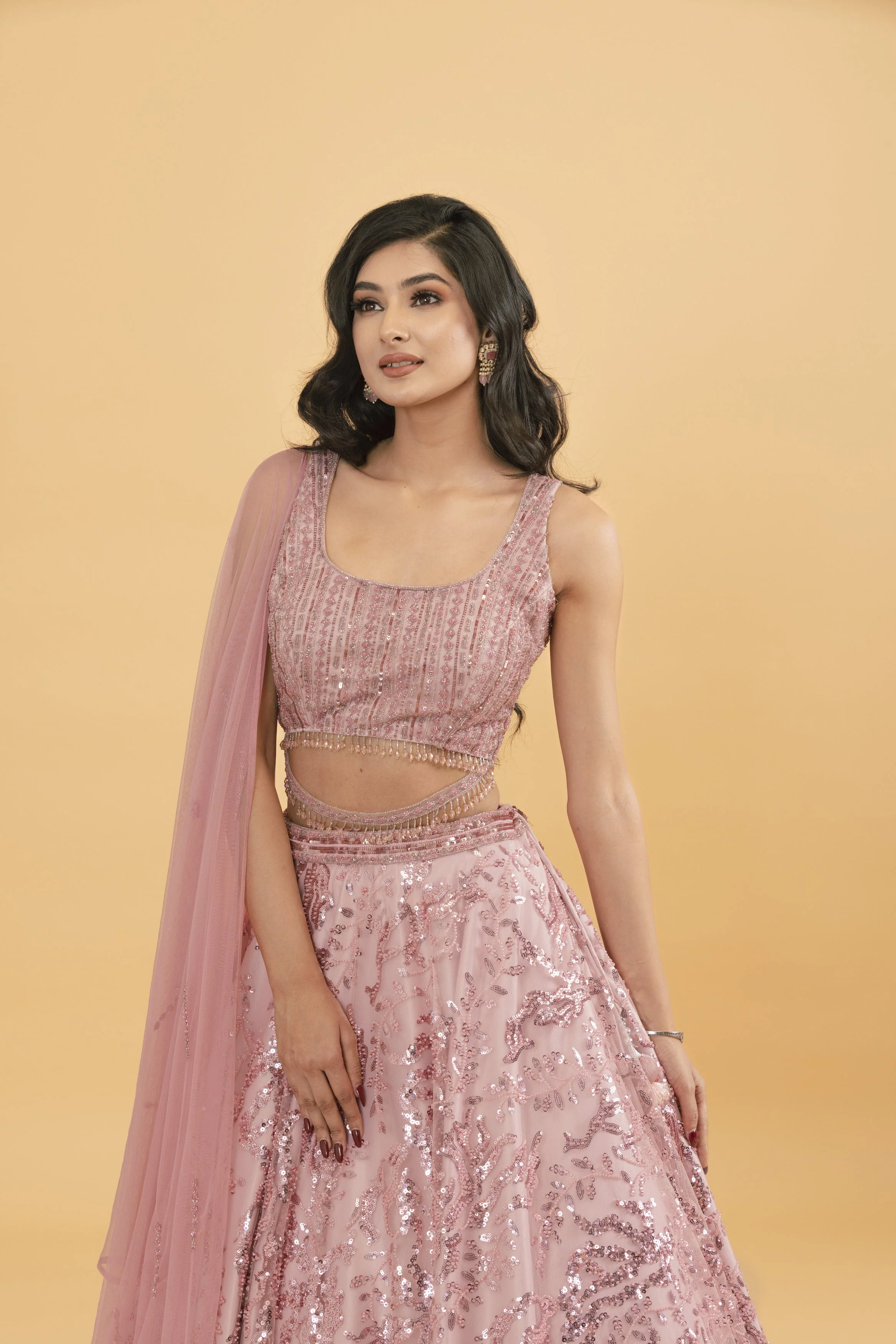 Pink net lehenga with sequins and pot embellishments - Image 4