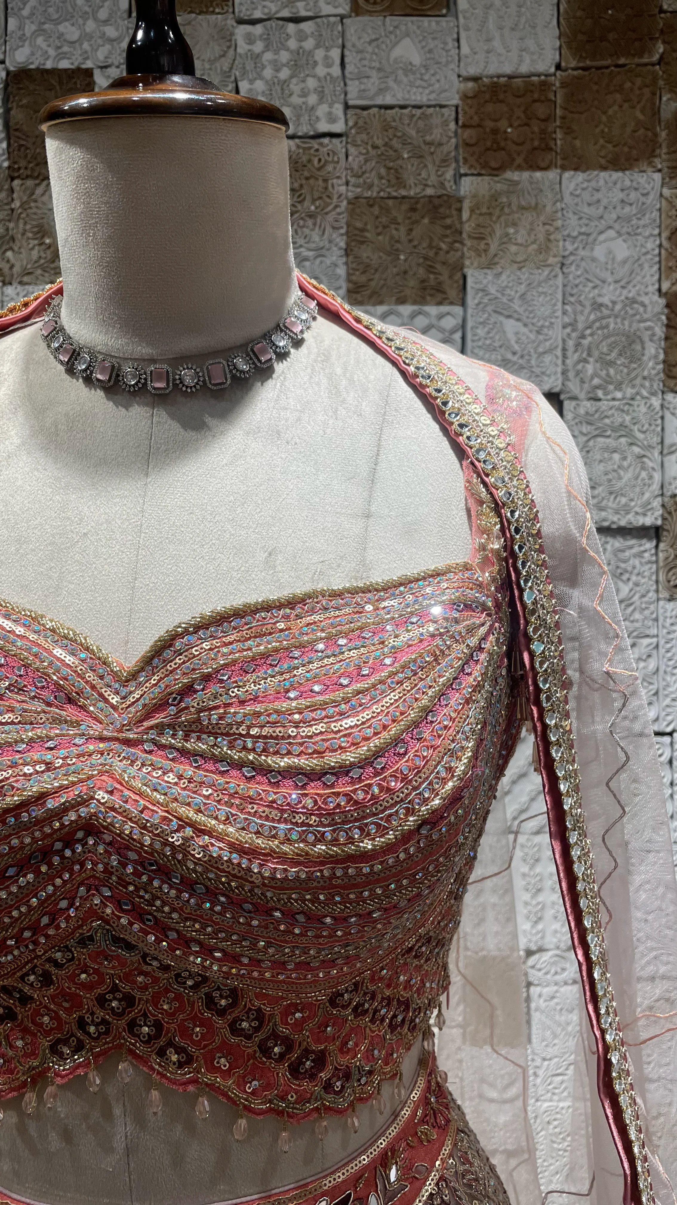 Pink Net Lehenga with zariwork and rhinestones - Image 2
