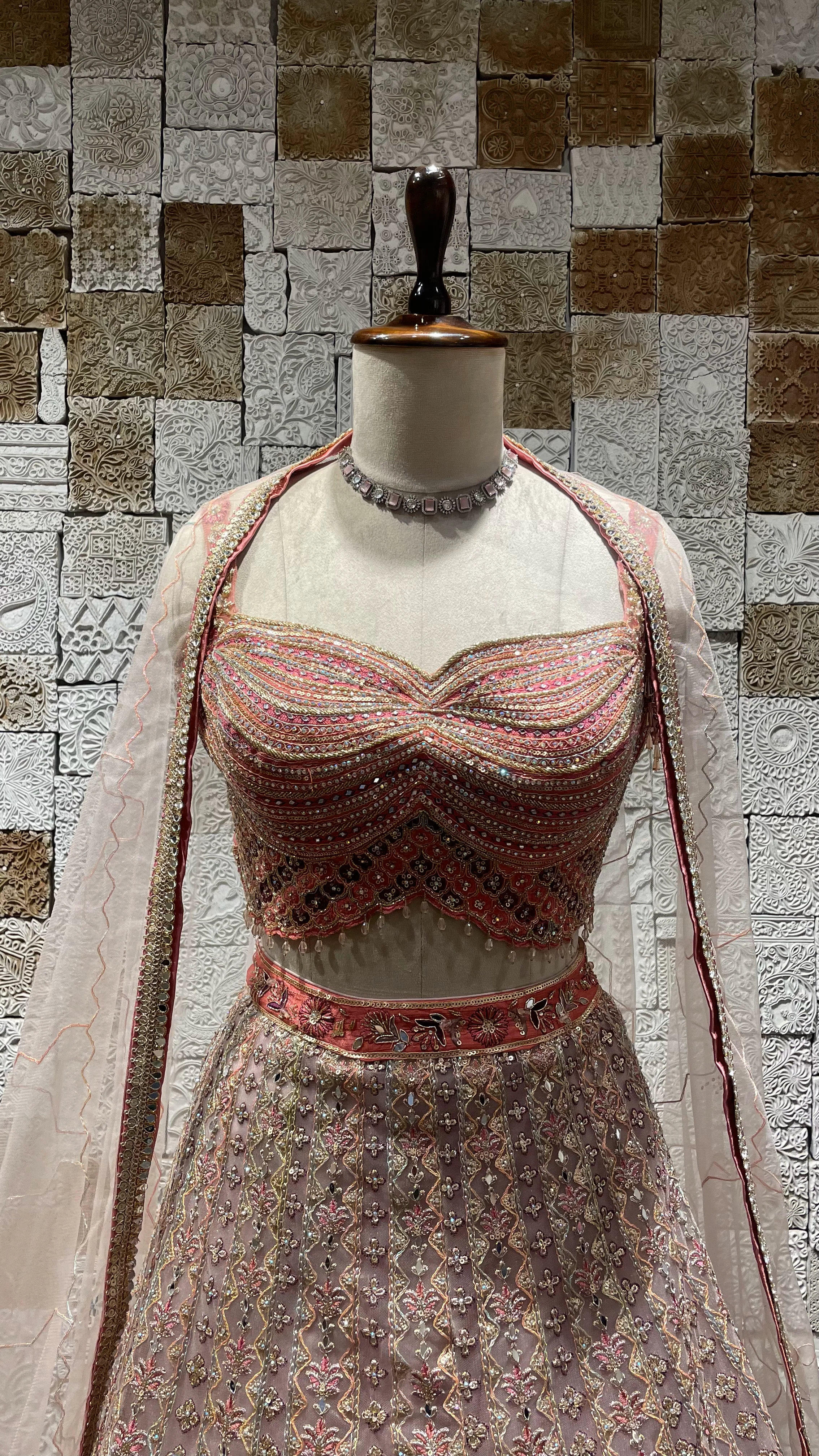 Pink Net Lehenga with zariwork and rhinestones - Image 3