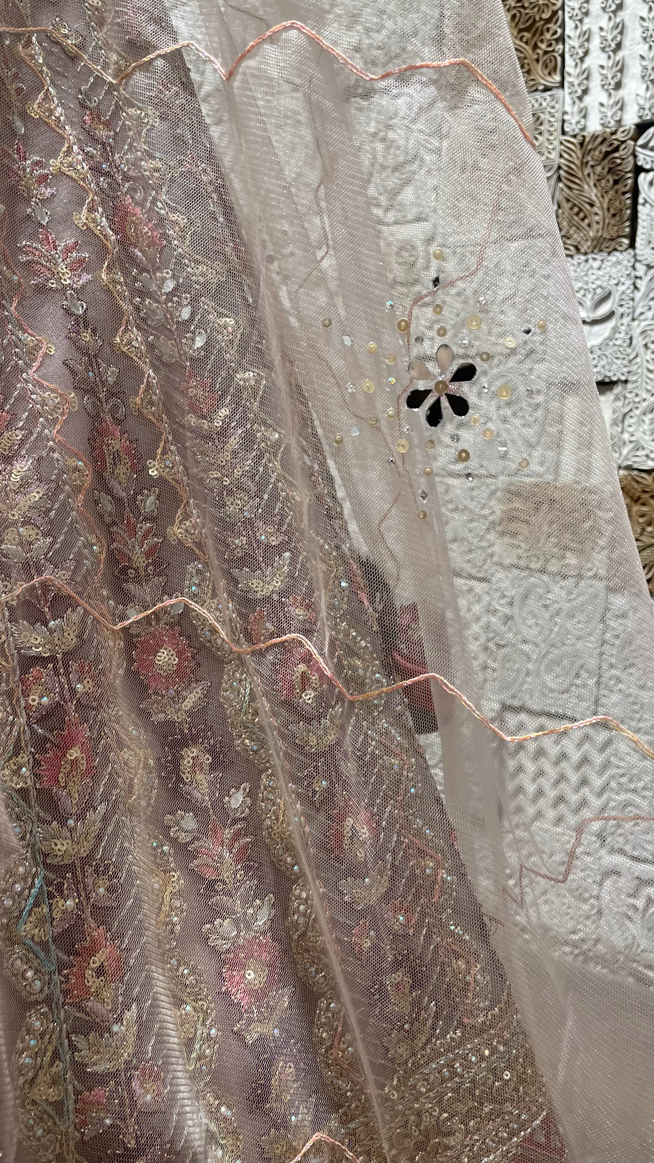 Pink Net Lehenga with zariwork and rhinestones - Image 4