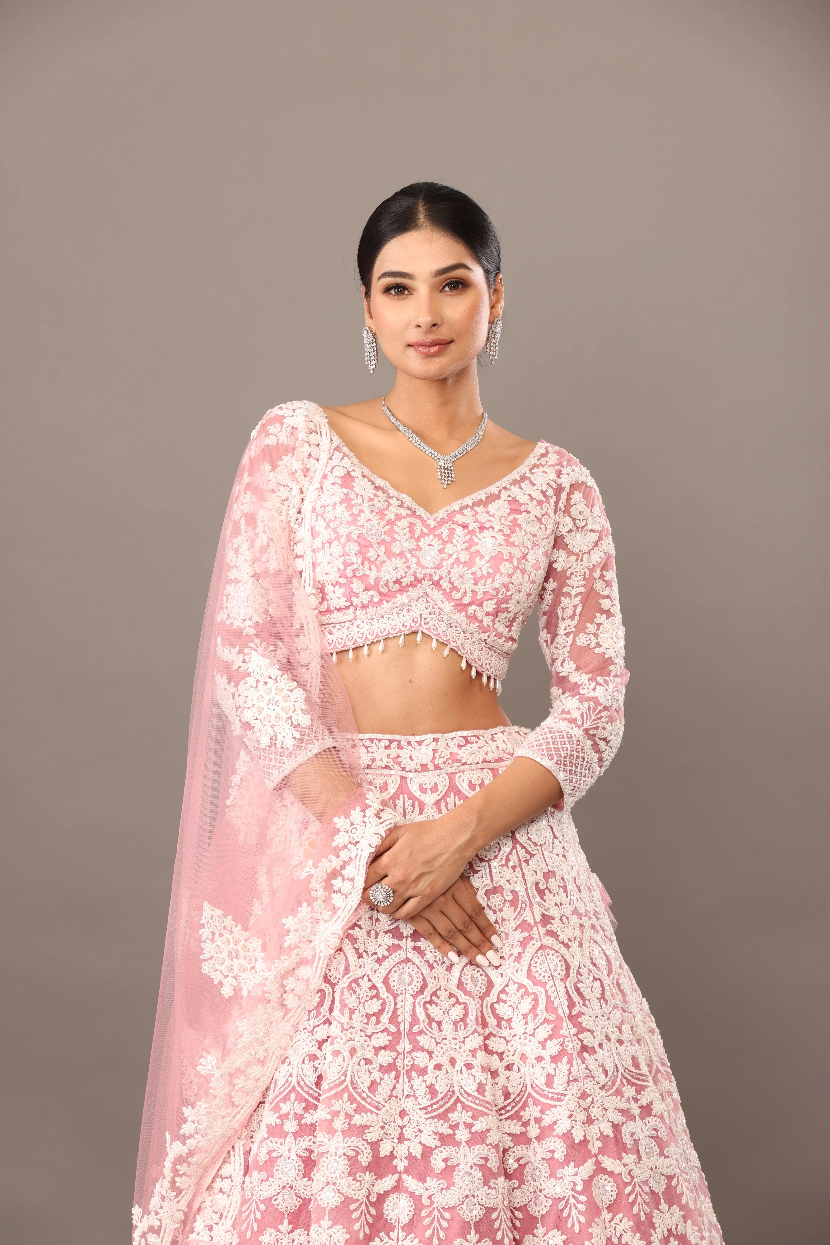 Pink net lehenga with pearl embellishments - Image 2