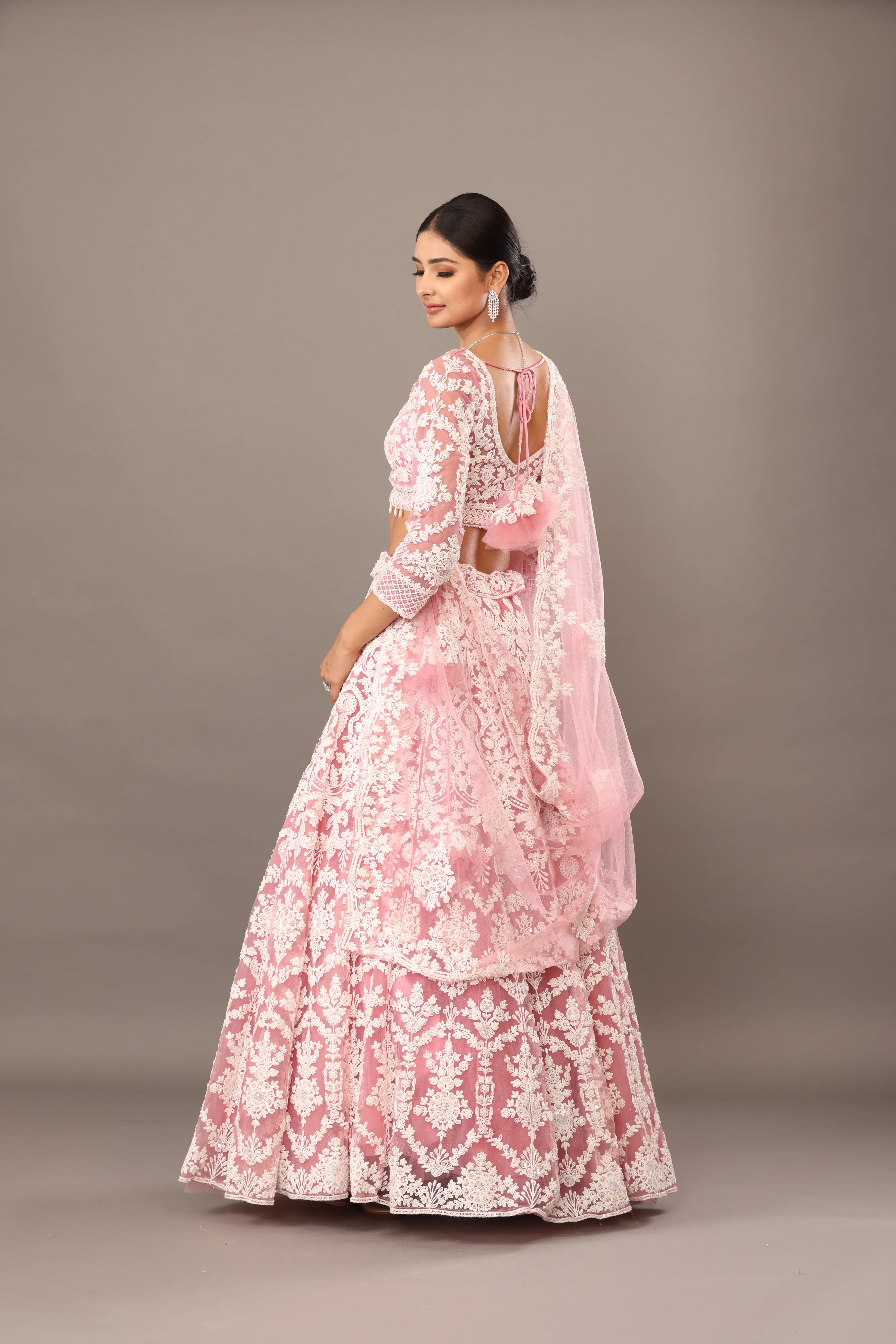 Pink net lehenga with pearl embellishments - Image 4