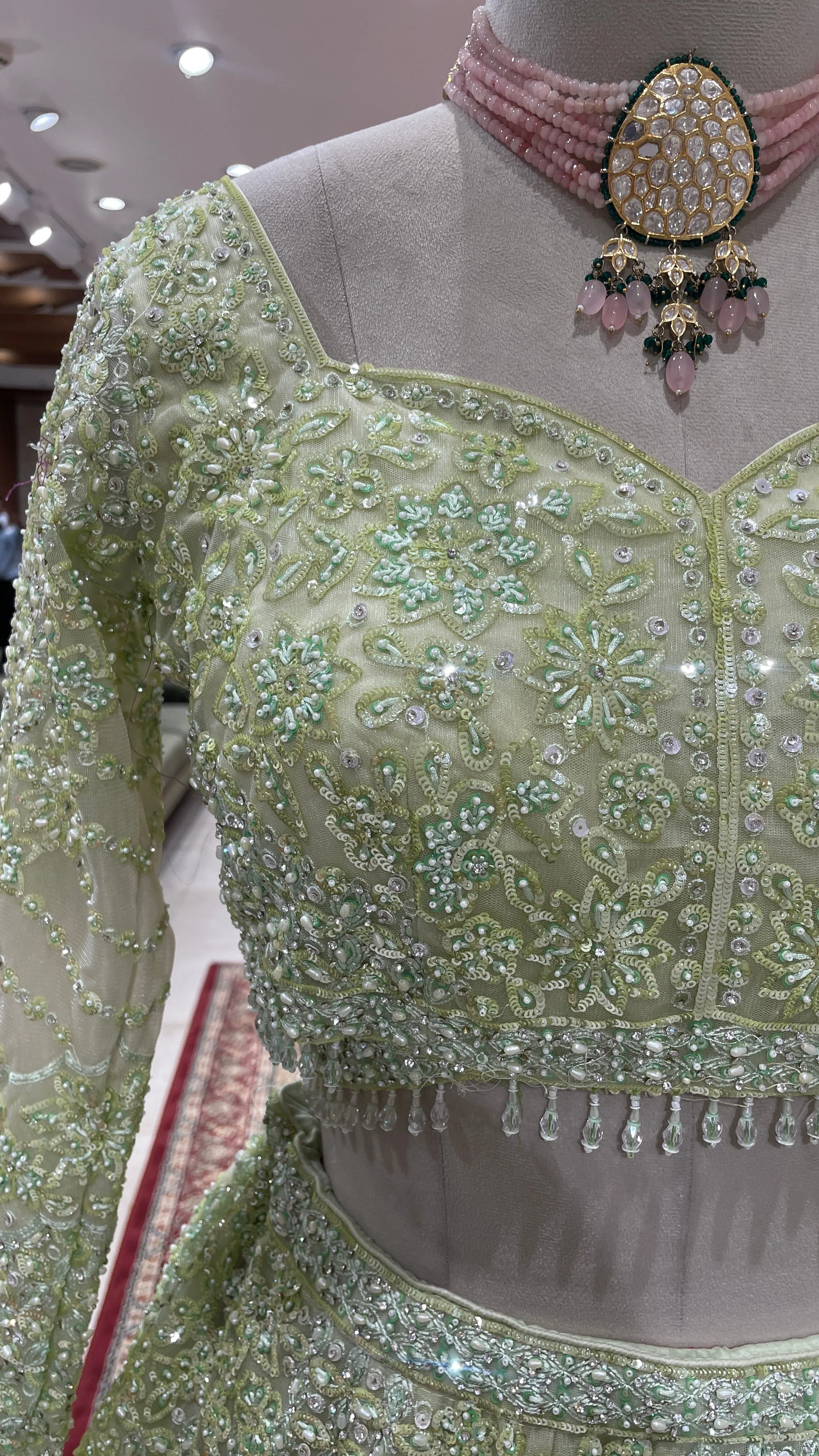 Pista Green colour Lehenga with sequins and pearlwork - Image 3