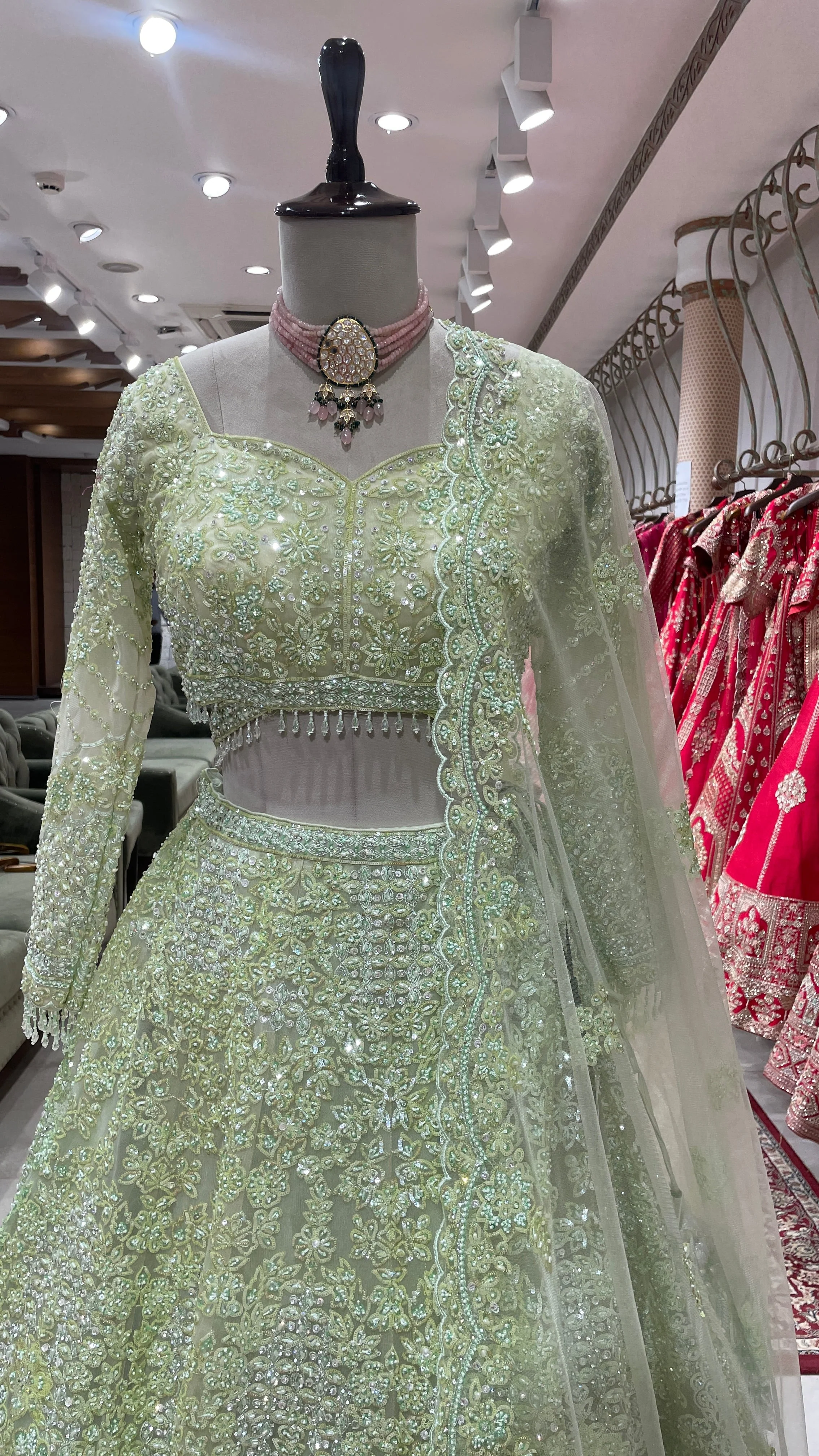 Pista Green colour Lehenga with sequins and pearlwork - Image 4