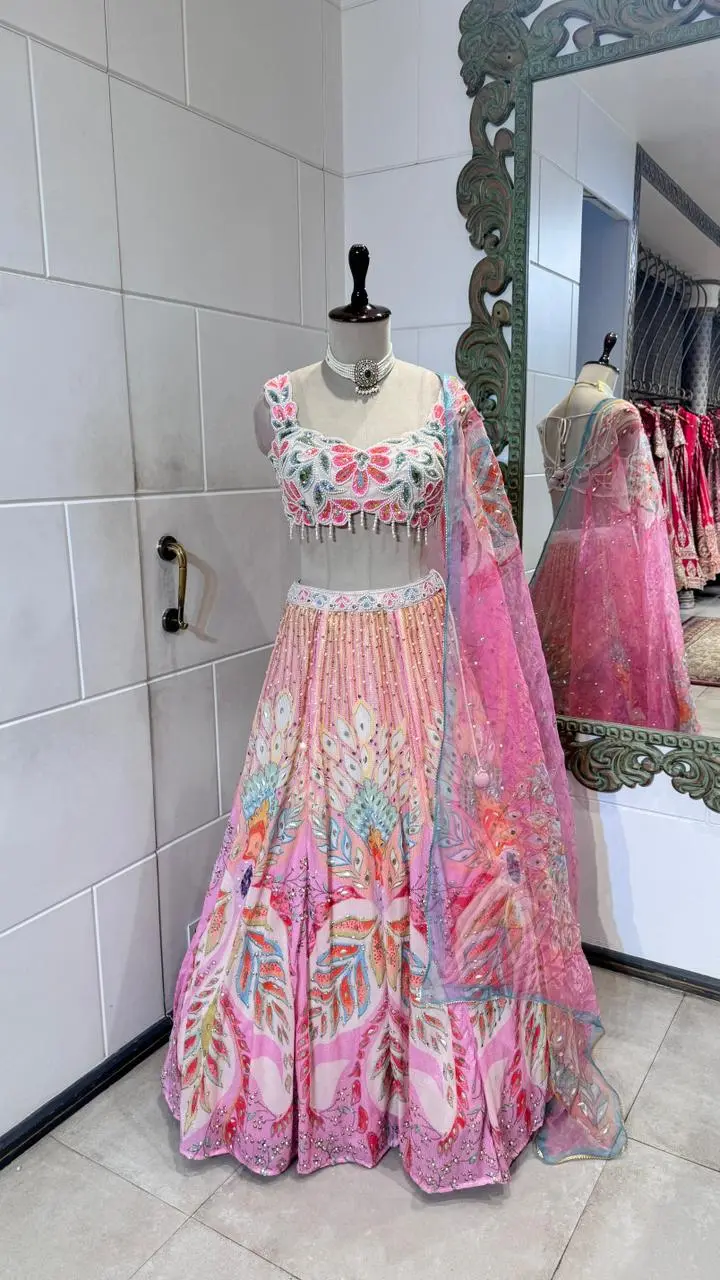 Pretty Pink Multicolor Embroidered Party Wear Lehenga - Image 2