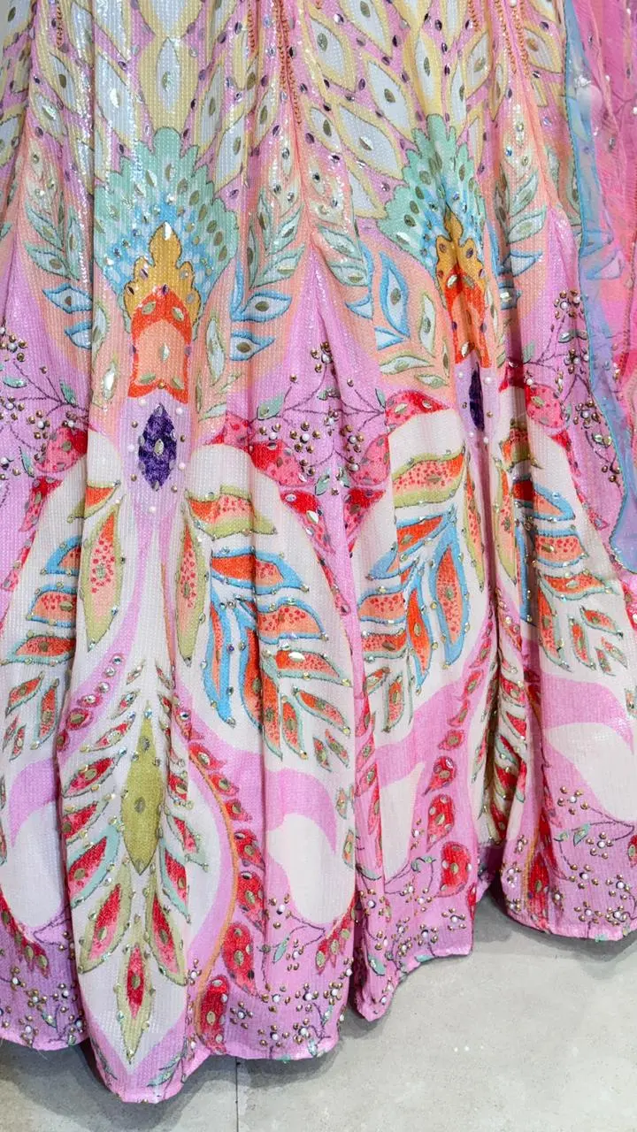 Pretty Pink Multicolor Embroidered Party Wear Lehenga - Image 3