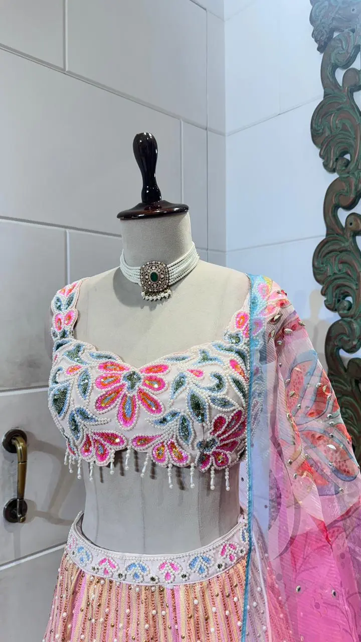 Pretty Pink Multicolor Embroidered Party Wear Lehenga - Image 4