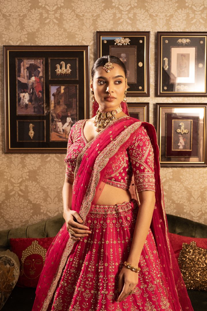 Rani Pink Bridal Lehenga - Zari Embroidered Wedding Lehenga Choli with Dupatta - Image 4