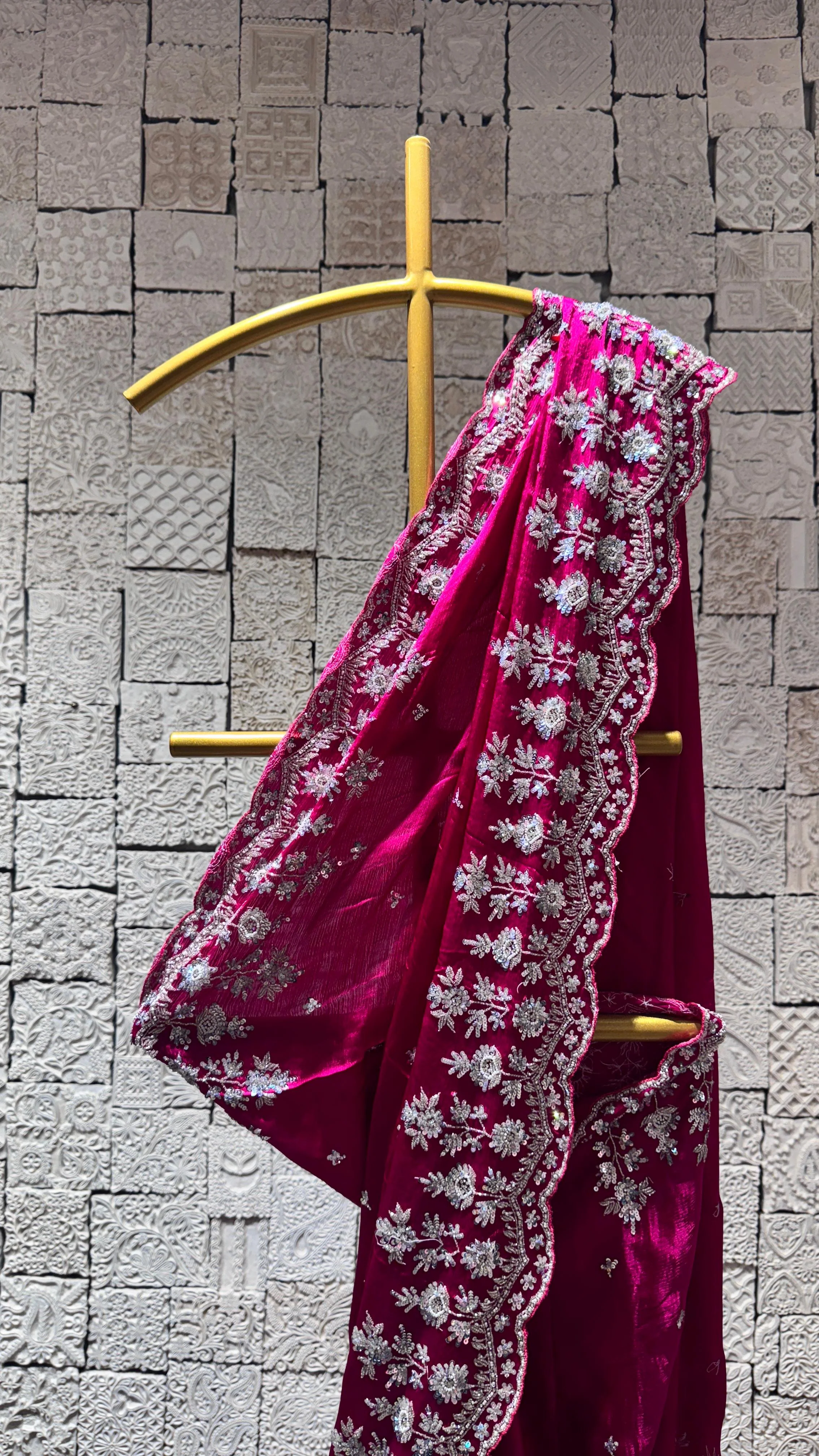 Rani Pink Saree with Heavy Floral Border and Designer Blouse - Image 2