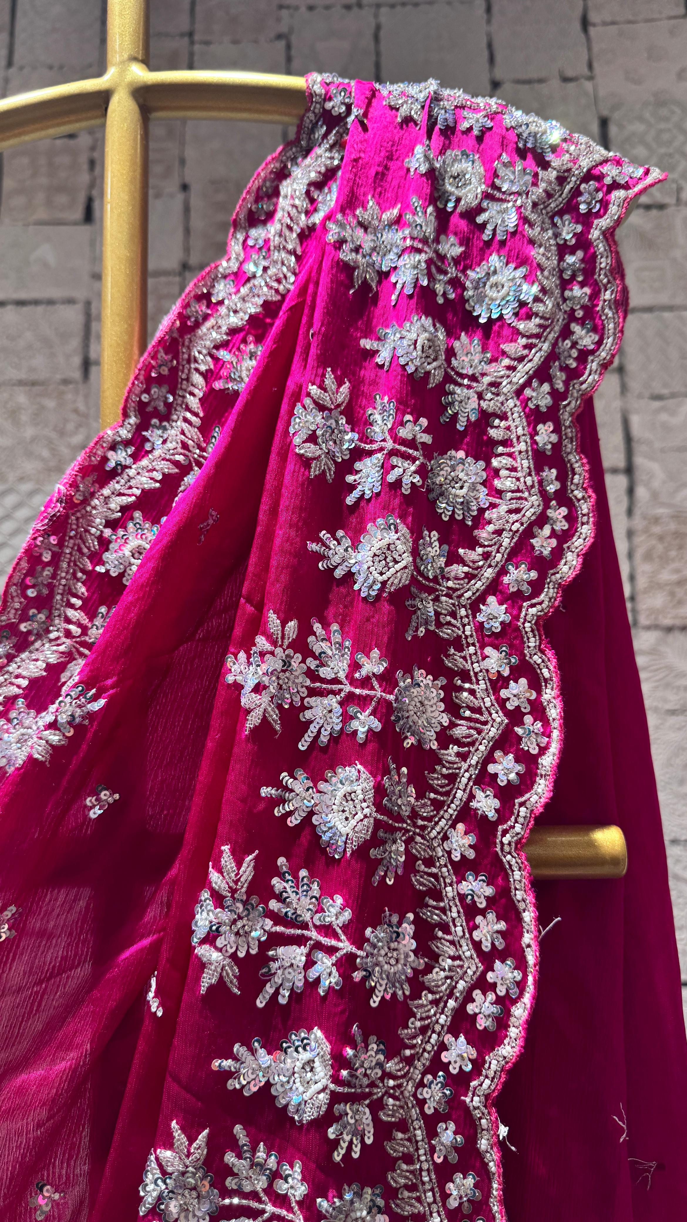 Rani Pink Saree with Heavy Floral Border and Designer Blouse - Image 3
