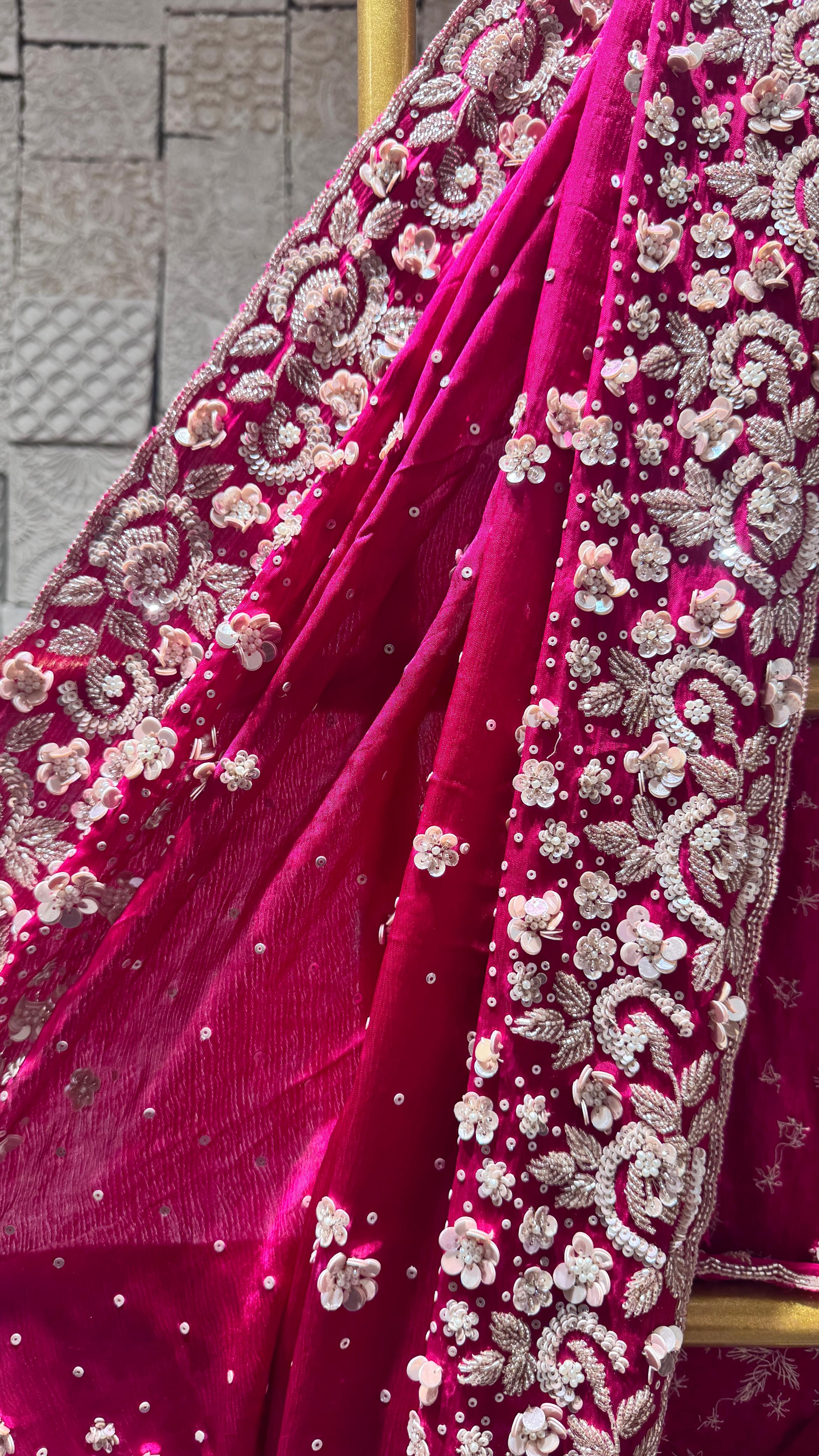 Rani Pink Saree with Heavy Floral Embroidered Border - Image 3