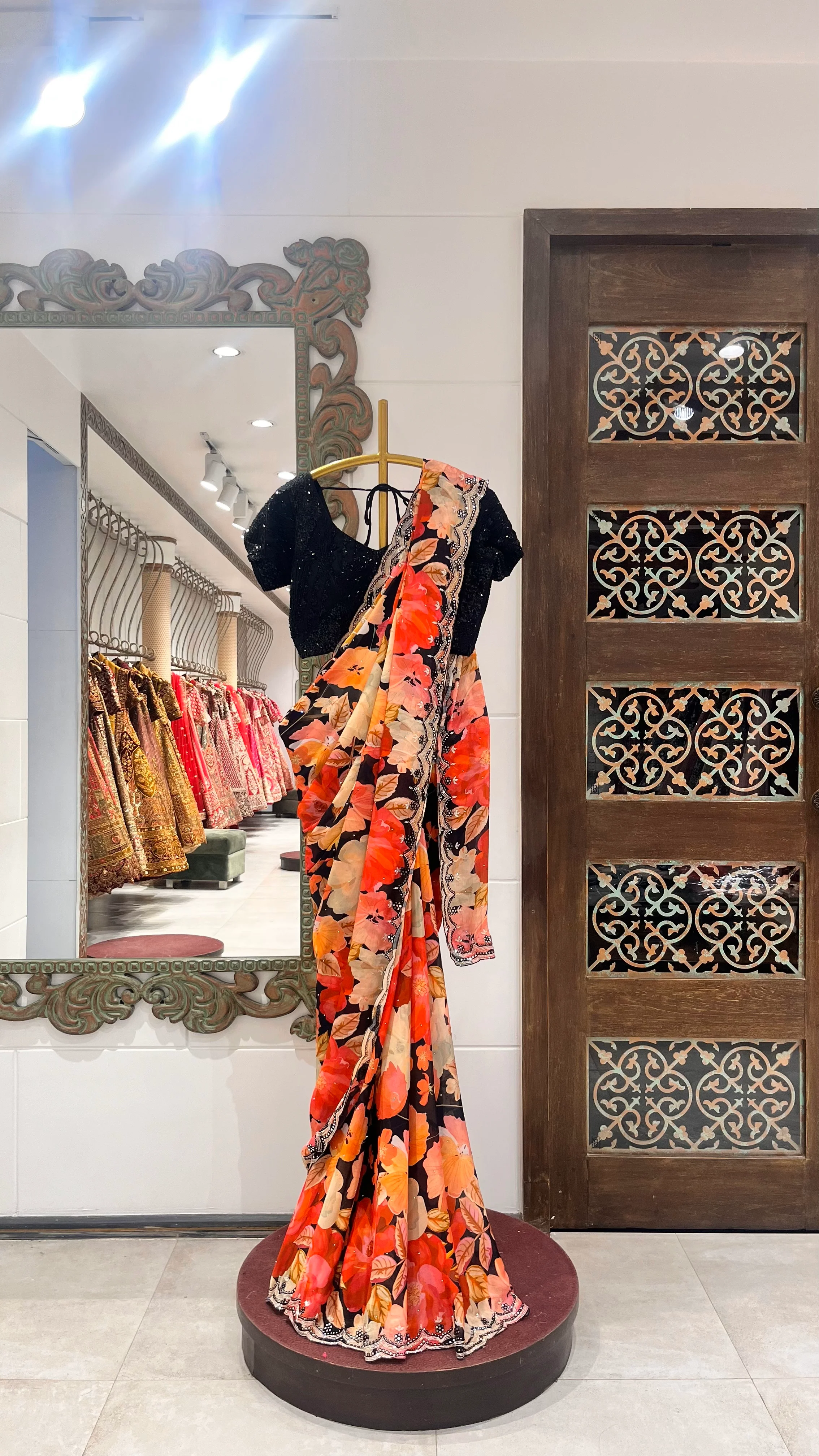 Red and black floral saree