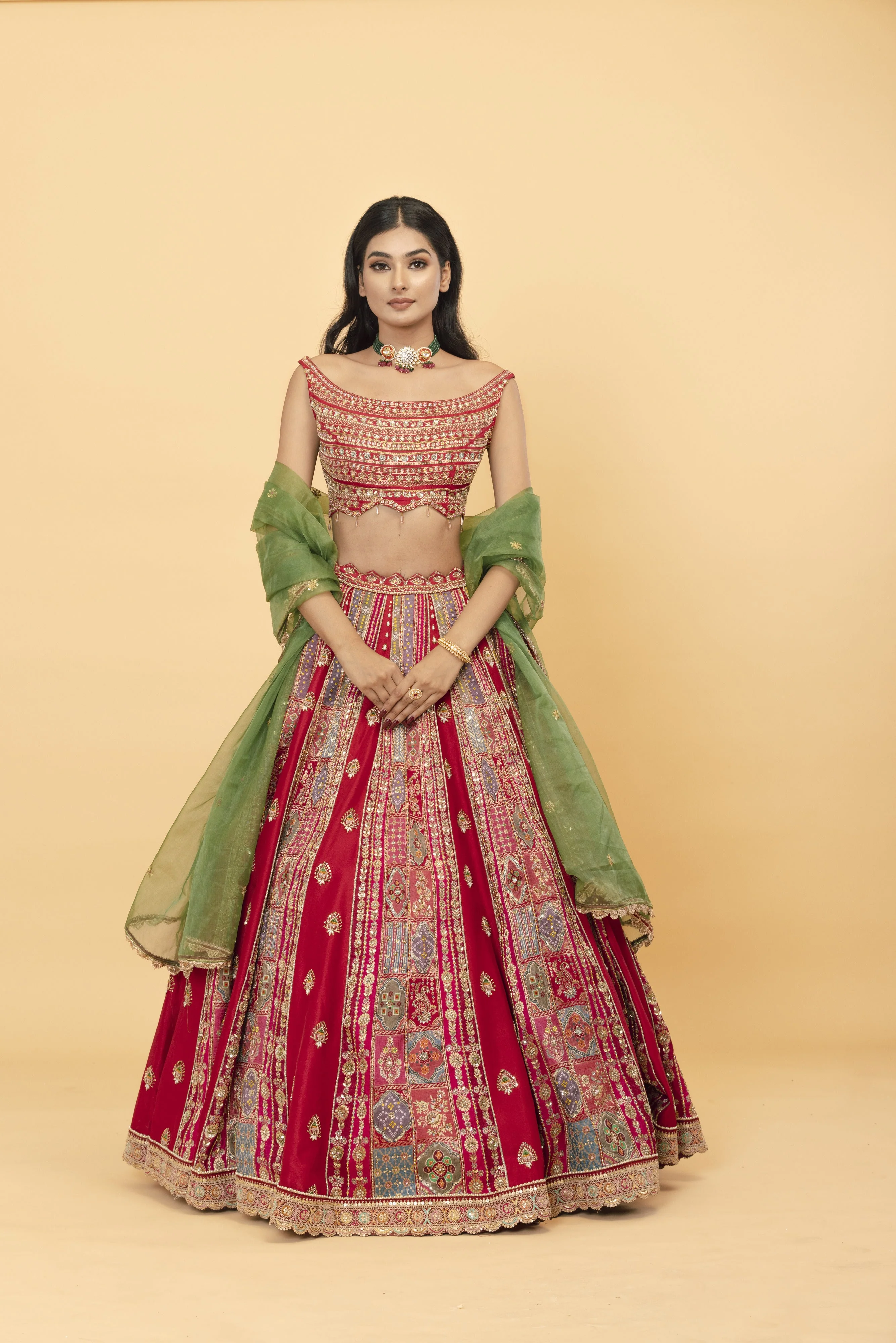 Red Banarsi Silk Lehanga - Image 2