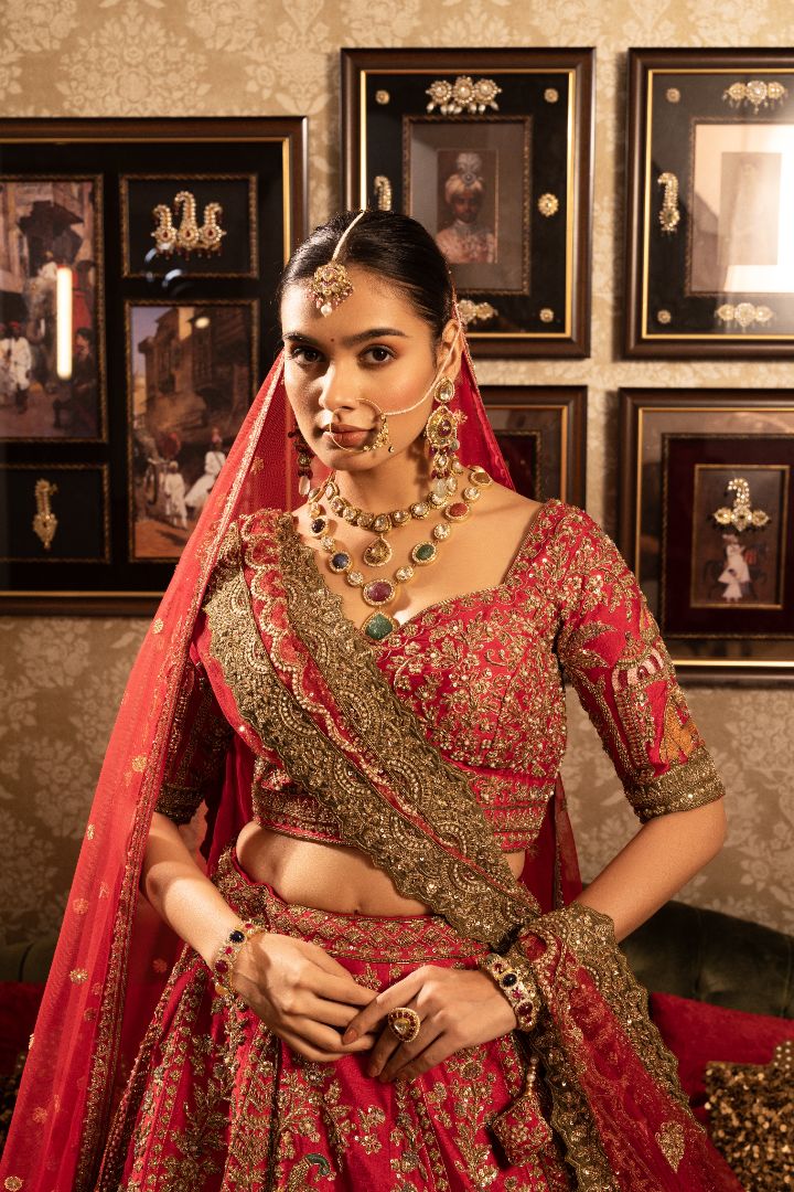 Red Bridal Kali Lehenga - Hand Embroidered Silk Wedding Lehenga with Zari Work - Image 4