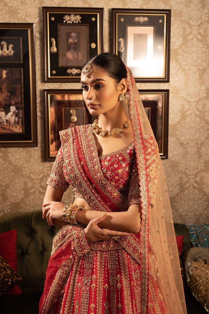 Red Bridal Lehenga - Handcrafted Silk Wedding Lehenga with Zari Embroidery - Image 3