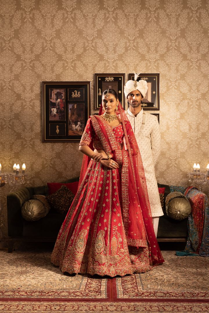 Red Silk Bridal lehenga with paisely Butis - Image 3