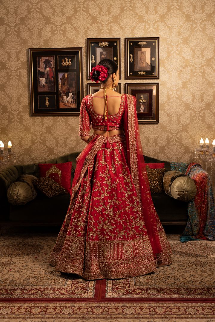 Red Silk Bridal Lehenga with floral motifs, sequins & cutdana embellishment - Image 3