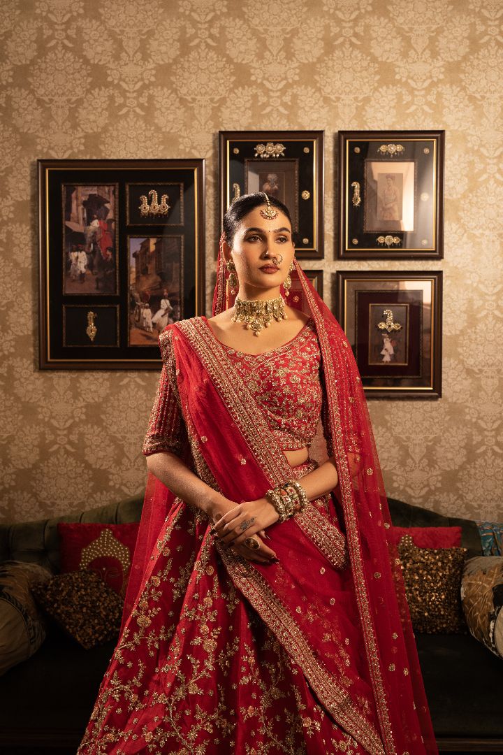 Red Silk Bridal Lehenga with floral motifs, sequins & cutdana embellishment - Image 4