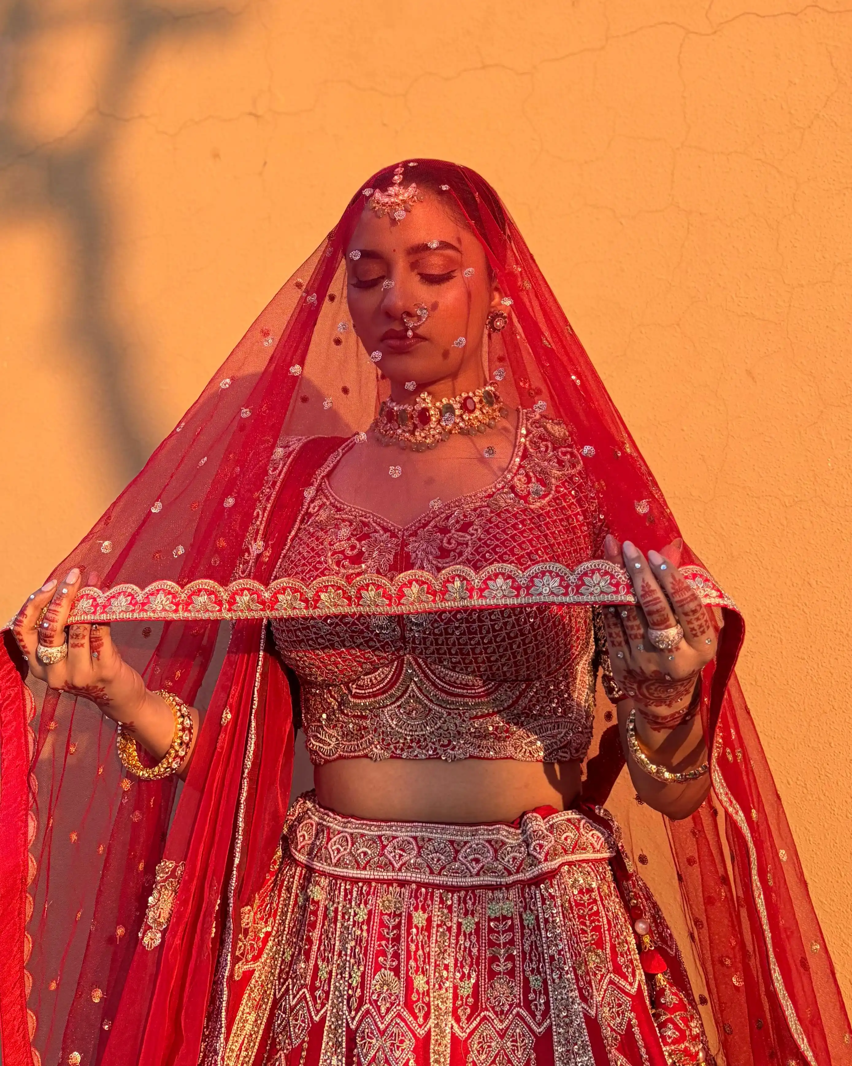 Red Bridal Silk Lehenga with Peacock motifs - Image 3