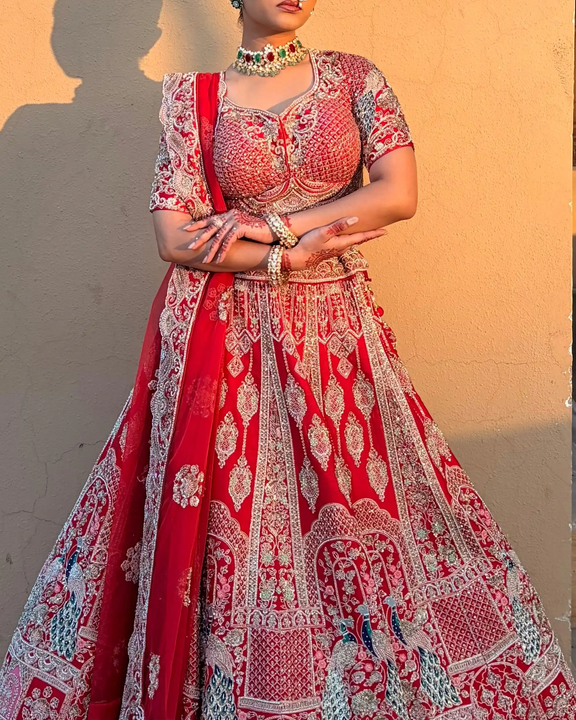 Red Bridal Silk Lehenga with Peacock motifs - Image 4