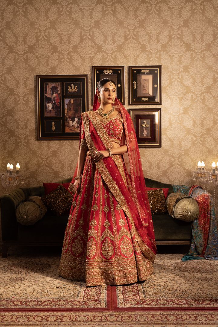 Red Bridal Lehenga | Hand Embroidered Wedding Lehenga with Zari Work