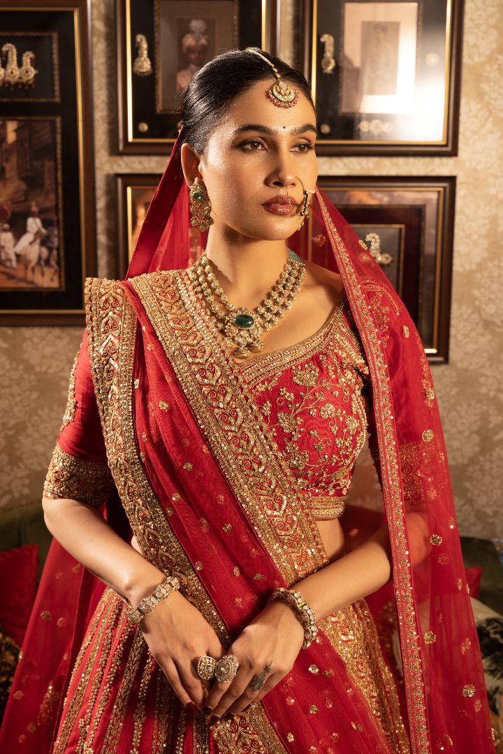 Red Bridal Lehenga | Hand Embroidered Wedding Lehenga with Zari Work - Image 2