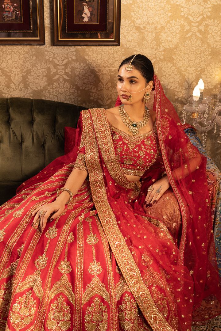 Red Bridal Lehenga | Hand Embroidered Wedding Lehenga with Zari Work - Image 3