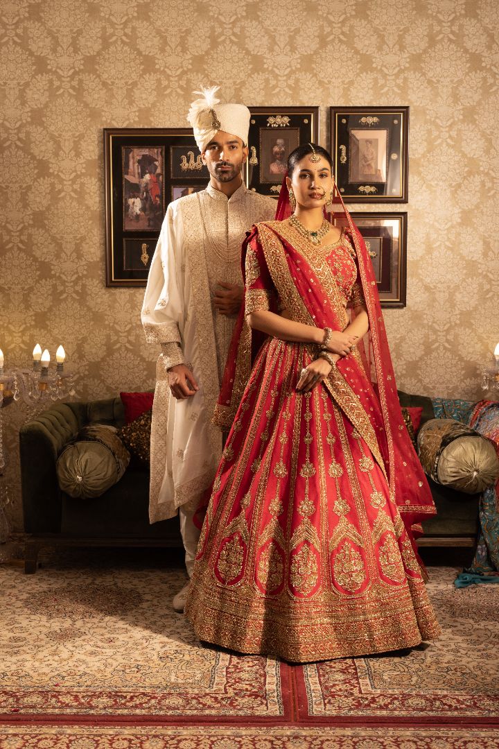 Red Bridal Lehenga | Hand Embroidered Wedding Lehenga with Zari Work - Image 4