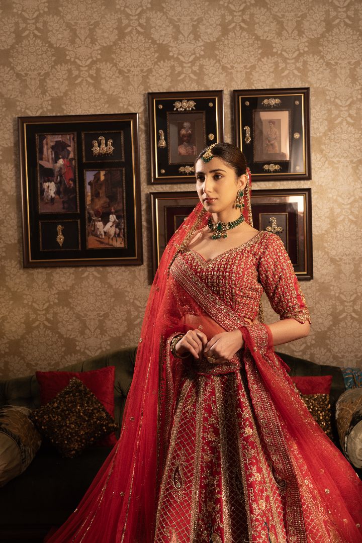 Red Silk Bridal lehenga with jaal work and peacock motifs - Image 2