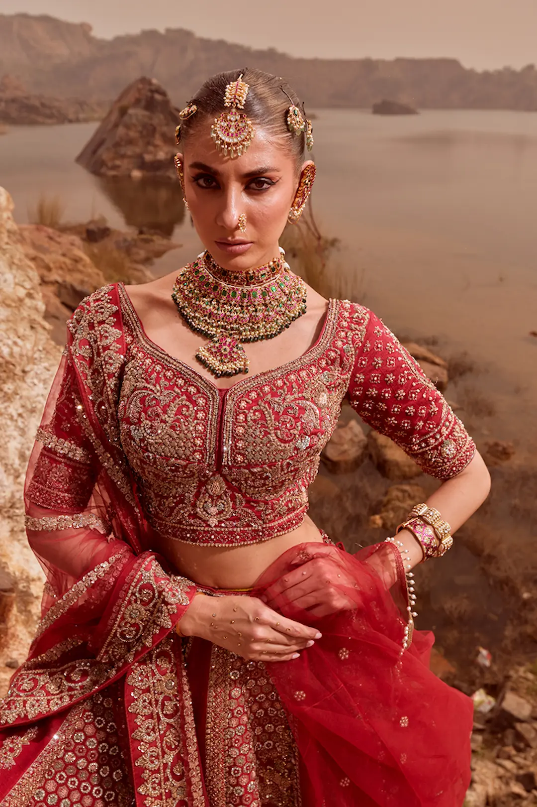 Classic red bridal lehenga with all over zari and thread work - Image 4