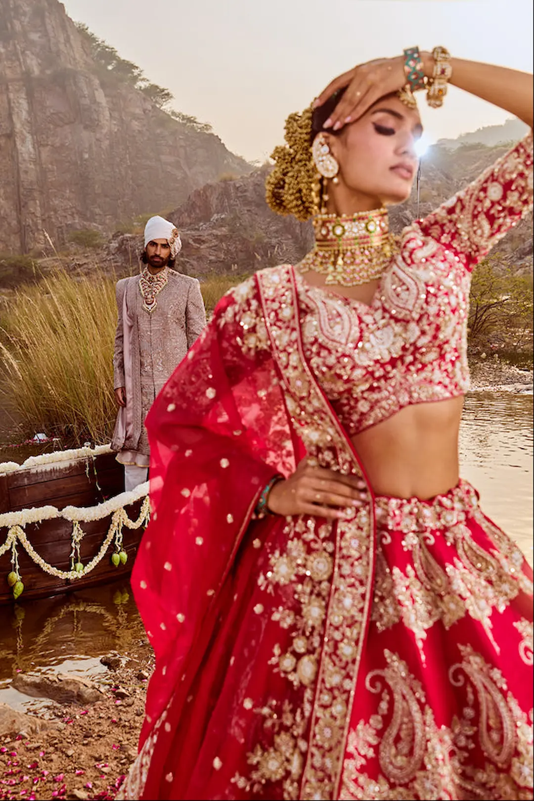 Red Bridal Raw silk paisley embroidery lehenga - Image 3