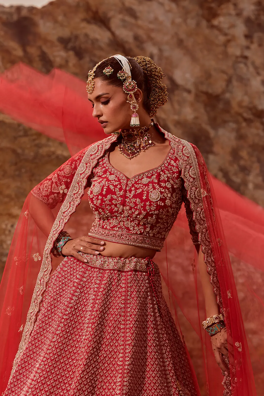 Red jaal and zari work bridal lehenga - Image 3