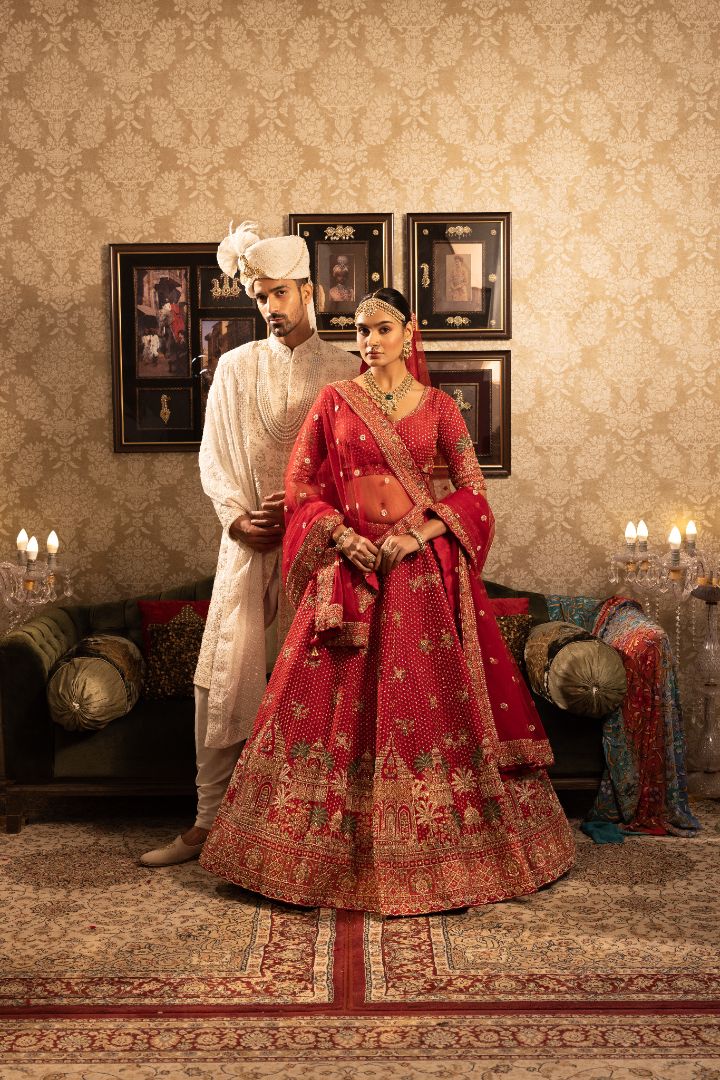 Red Silk Bridal Lehenga with Cutdana & Sequins Embellishments and Double Dupatta - Image 3