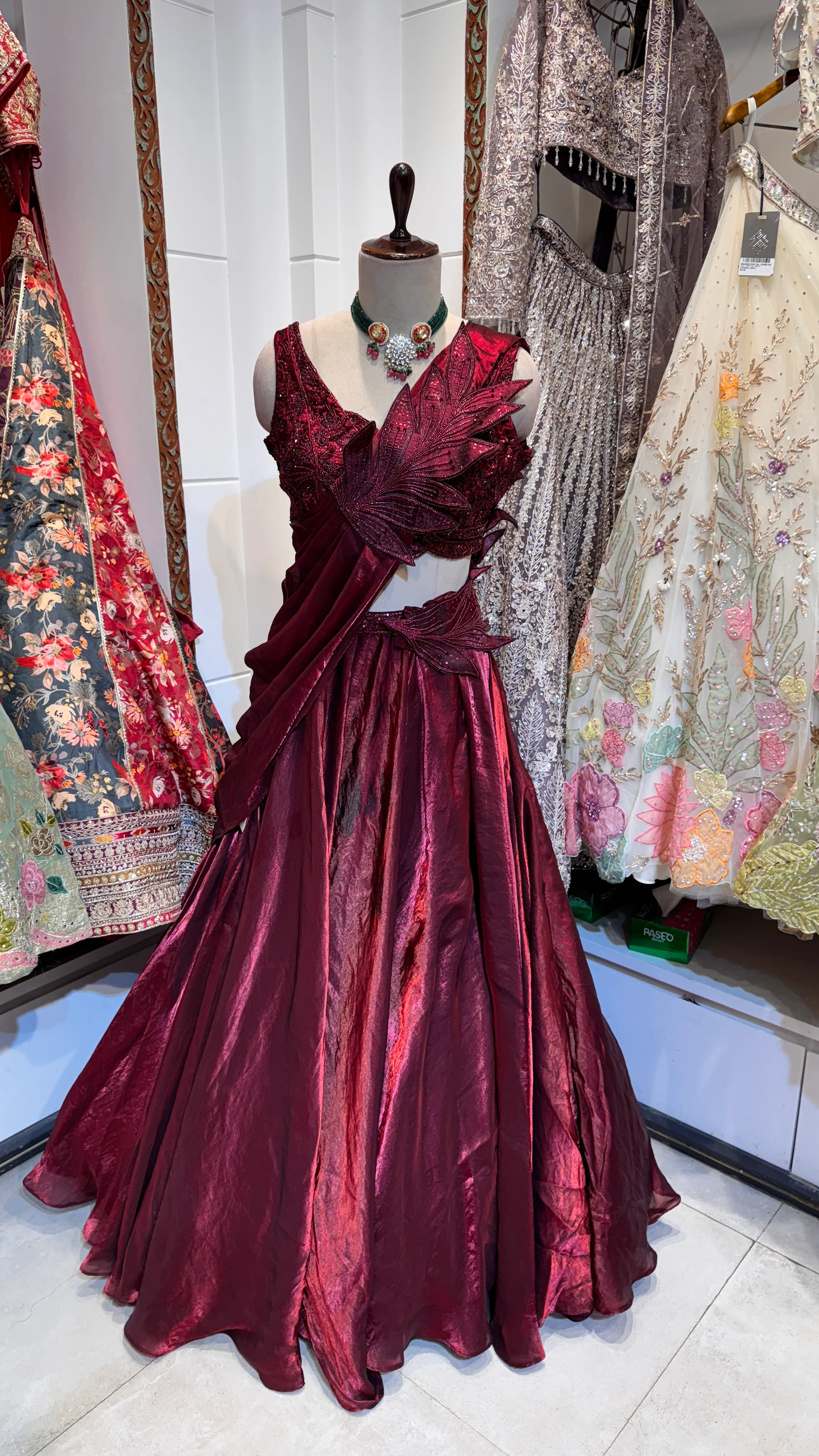 Red saree style lehenga