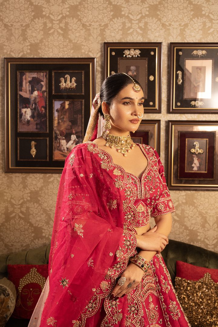 Red silk bridal lehenga with beads and cutdana embellishments - Image 3