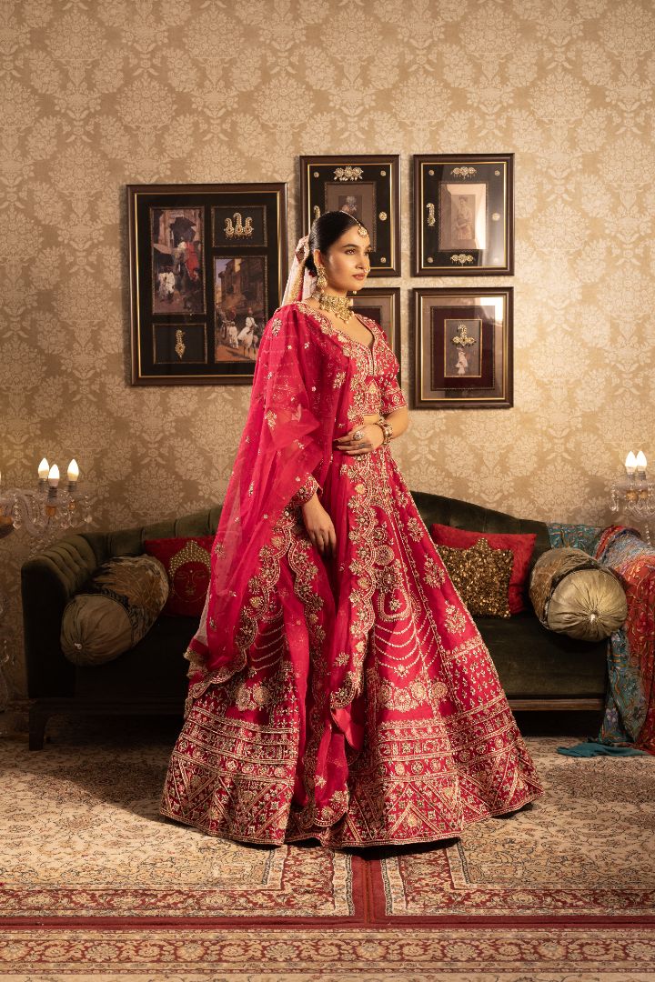 Red silk bridal lehenga with beads and cutdana embellishments - Image 4